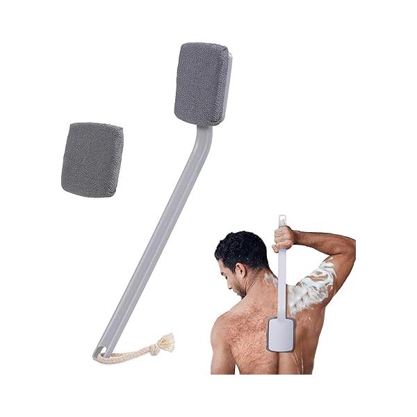 TYYIHUA Exfoliating Back Scrubber for Shower Men and Women, Body with 16" Curved Long Handle, Bath Brush - Washer Replaceable Scrub Cloth/Back Exfoliator