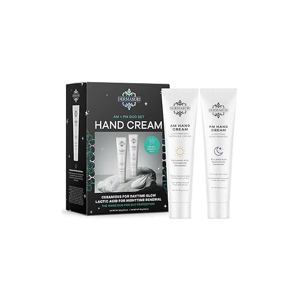 Dermasuri Day and Night Therapeutic Hand Cream for Dry, Cracked Hands - AM Lightweight Moisturizing Exfoliator & PM Overnight Renewal Lotion Softening Hydrating Treatment Unscented 3 oz Each Pack of 2