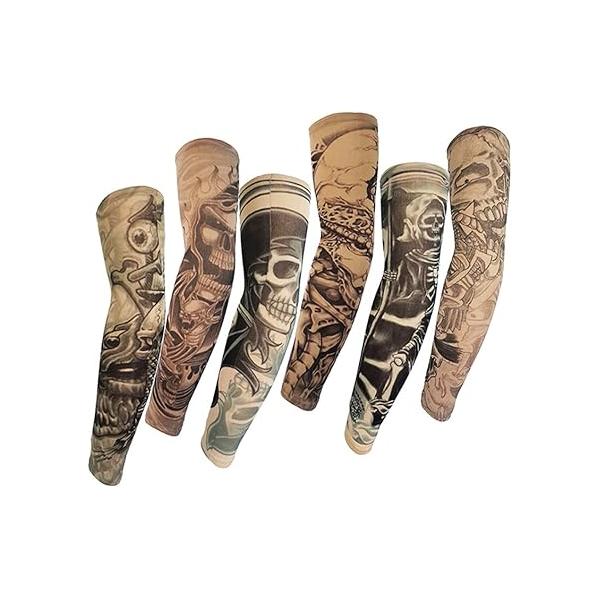 Juland 6 Pcs Temporary Tattoo Sleeves Fake Slip On Arm Kit Sunscreen Stockings Accessories for Unisex Party Cool Men Women