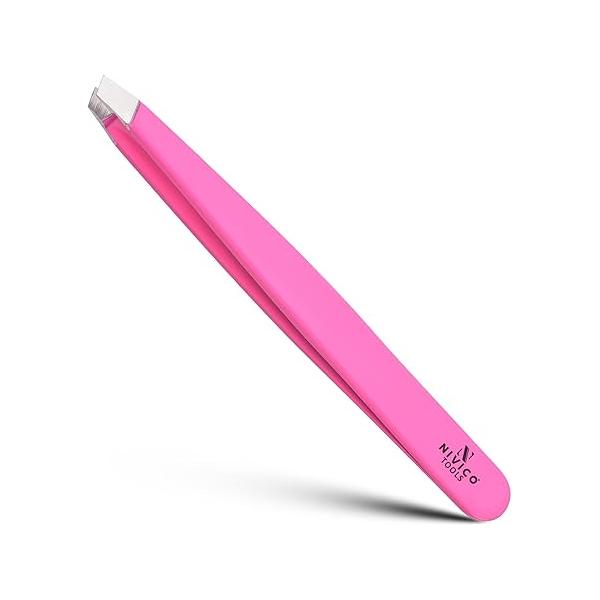 NIVICO Eyebrow Tweezer Hair Removal, Slant Stainless Steel 9.5cm Ingrown Facial Tweezers for Men And Women (Pink Coated)
