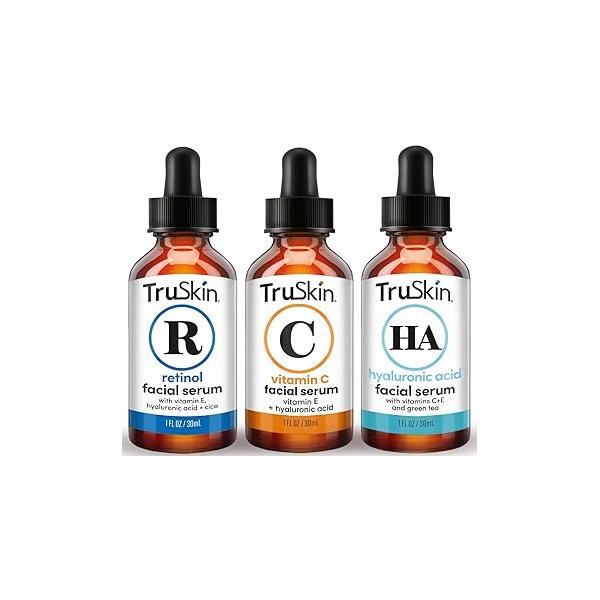 TruSkin Face Serum Trio - Hyaluronic Acid, Vitamin C & Retinol for Anti Aging Skin Care Set Women Skincare Bright, Smooth, Hydrated Firmer-Looking Skin, 1 fl oz, 3 Bottles