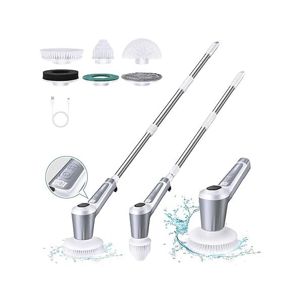 Electric Spin Scrubber, 4500mAh Cordless Cleaning Brush with Spray Function, 6 Large Heads, 2 Speeds, IPX8, Efficient Power Scrubber Adjustable Extension Handle for Bathroom
