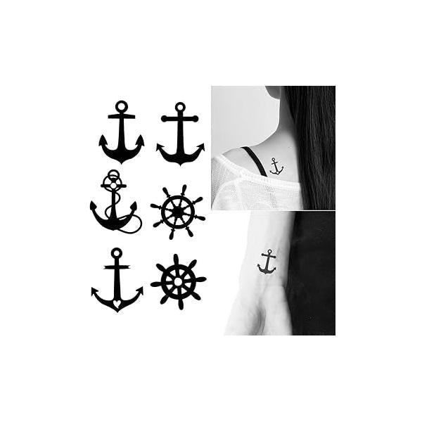 Small Cute Temporary Tattoo Sticker Set of 2 - Black Rudder Anchor Totem Designs for Hand Neck Face Wrist, Waterproof Fake Body Art, Simple & Modern Unisex Skin Decals