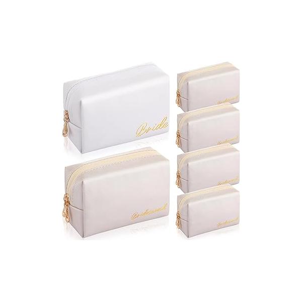Hillban 6 Pcs Bride and Bridesmaid Cosmetic Bag PU Leather Makeup Waterproof Pouch Purse Toiletry Gifts for Bridal Shower, Wedding, Bachelorette Party(White, Ivory White)