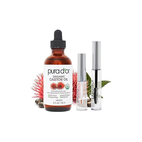 PURA D'OR 4 Oz ORGANIC Castor Oil - w/ 2 BONUS Empty Brushes 100% Pure USDA Certified Cold Pressed, Hexane Free Eyelash & Eyebrow Serum For Fuller, Thicker Lashes Brows Skin Hair