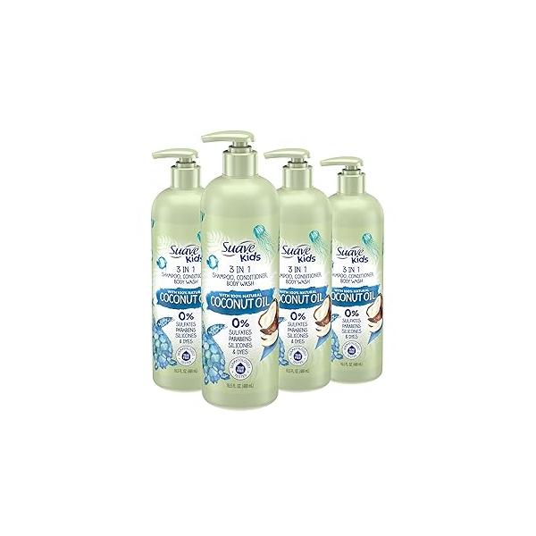 Suave Kids Natural Coconut Oil 3-in-1 Tear Free, Body Wash, Shampoo and Conditioners, No Sulfates, Parabens, Silicones, Dyes, 16.5 Oz Pack of 4
