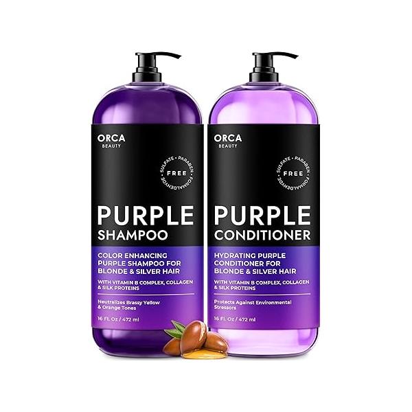 Purple Toning Shampoo and Conditioner Set - Sulfate Free, with Biotin Argan Oil for Color Treated Gray Hair