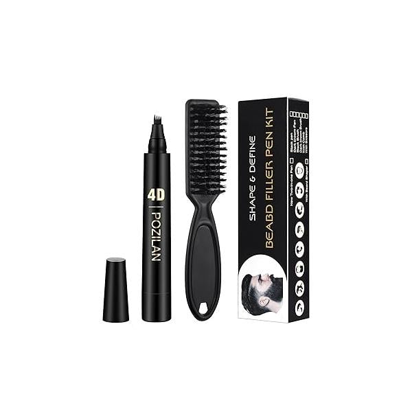 Long-Lasting Water-Resistant Black Men's Beard Grooming Kit - Micro-Fork Tip Pen, Bristle Brush for Natural Looking Mustache, Eyebrows, and Facial Hair Styling