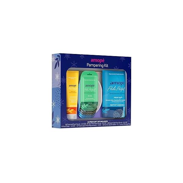 Amopé Pampering Kit - Contains Charcoal Foot Scrub, Tea Tree Epsom Salt Invigorating Soak, Tired Leg & Rejuvenator, Scrubber and Luxury Storage Bag