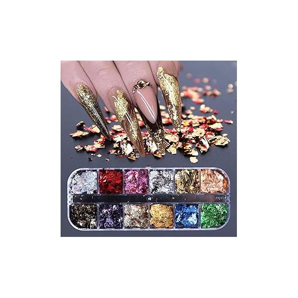 Gold Nail Art Glitter Sequins 12 Colors Sparkly Ultra-Thin foil Flakes Design Acrylic 3D Holographic Mirror Effect Laser Set DIY for Women Manicure Charms Decoration