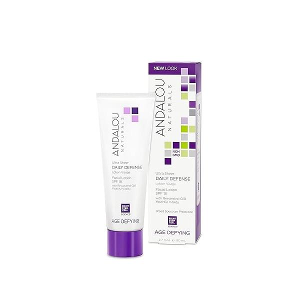 Andalou Naturals Ultra Sheer Daily Defense Facial Lotion, SPF 18, 2.7 oz, with Resveratrol CoQ10 and Antioxidants, Lightweight, Hydrating Moisturizer
