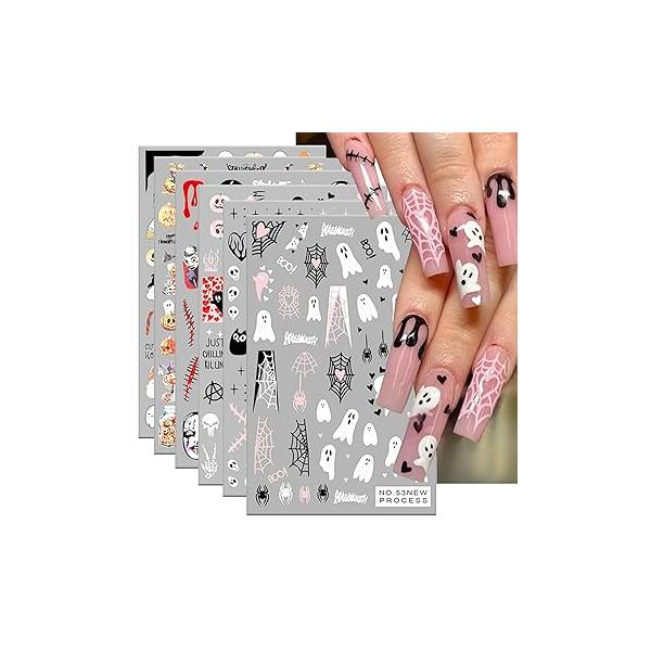 Halloween Nail Art Stickers Decals Self-Adhesive 3D Supplies 6 Sheets Ghost Spider Webs Pumpkin Horror Decoration for Women Girls Manicure DIY