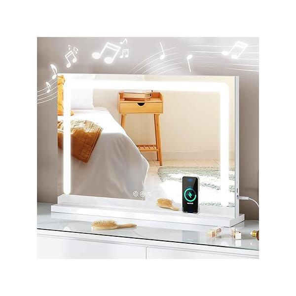 DWVO Hollywood Vanity Mirror with Lights, 23" x 18" LED Makeup Bluetooth Speaker, Wireless Charger, USB & Type-C Charging Port, Dimmable Lighted Mirror, Tabletop or Wall-Mounted