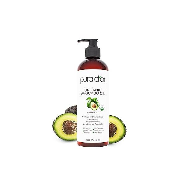 PURA D'OR 16 Oz ORGANIC Avocado Oil - 100% Pure & Natural USDA Certified Cold Pressed Carrier For DIY Beauty, Non-Greasy, Unscented, Hexane Free Liquid Moisturizer Face Skin Hair Men Women