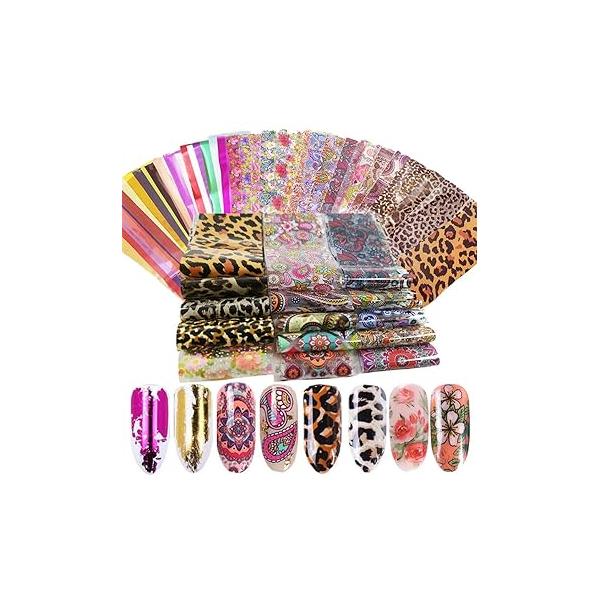Valuu 50 Sheets Nail Art Foil Transfer Stickers Laser Flower Leopard Print Adhesive Decals Starry Sky Manicure Tips DIY Decoration Kit