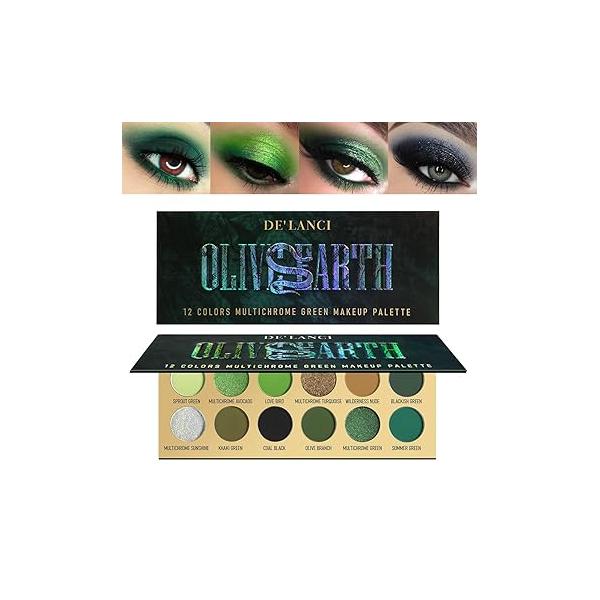 Glitter Olive Green 12 Colors Eyeshadow Pallete, DE'LANCI Ultra-Pigmented Multichrome Makeup, Matte Shimmer Dark Emerald Brown Eye Shadow for Festival, Cosplay Halloween St. Patrick's Day Makeup