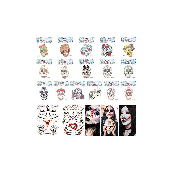 Halloween Temporary Tattoo Fake Blood Chucky Costume Cosplay Colored Contacts Makeup Dead Cheerleader for Girls Harley Quinn Tattoos Transfer Face Decals Prank Zombies Supplies (18pc)