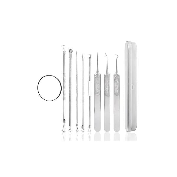 8 Pieces Stainless Steel Acne Needle Blackhead Removal Cleaning Tweezers Pimple Popper Tool Kit with a Iron Box Comedones Extractor for Blemish Whitehead Fatty Particle