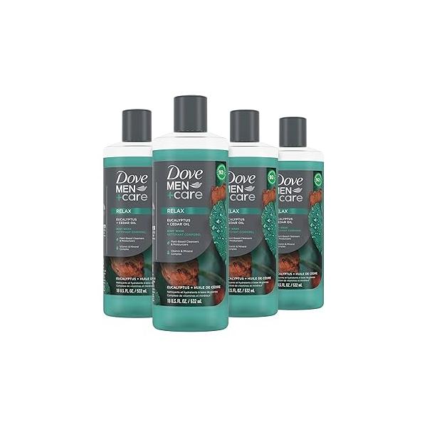 Dove Men+Care Body Wash Eucalyptus + Cedar Oil 4 Count to Rebuild Skin in the Shower with Plant-Based Cleansers and Moisturizers 18 oz