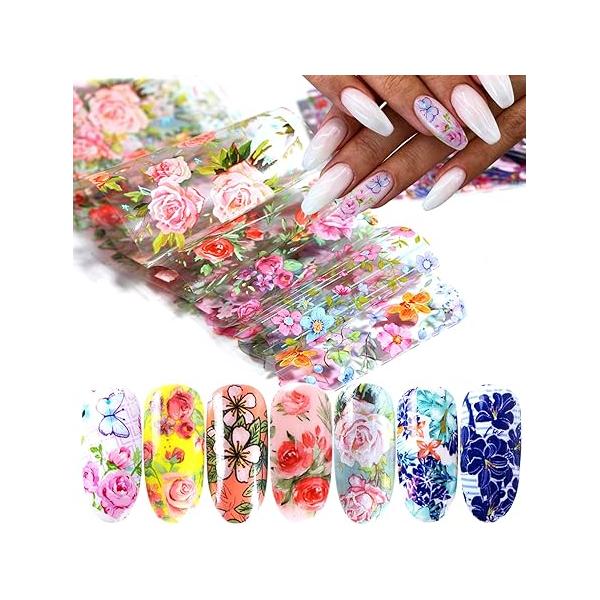 Flowers Nail Foil Transfer Stickers Colorful Floral Decals Designs Supplies Acrylic Art Sticker for Women Manicure Tips Decorations Set Bright Colors Film (10 Sheets