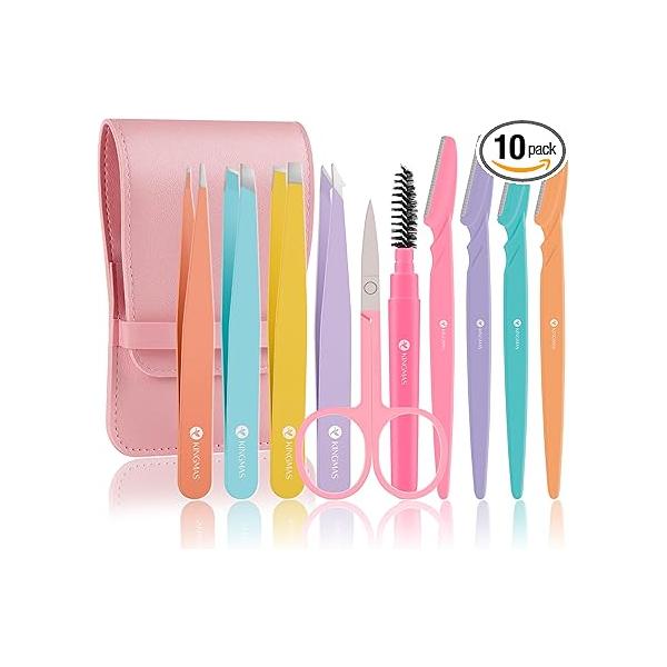 KINGMAS 10Pcs Tweezers Set for Women Facial Hair, Precision Tweezer Eyebrows with Curved Scissor and Eyebrow Razor Ingrown Hair Case