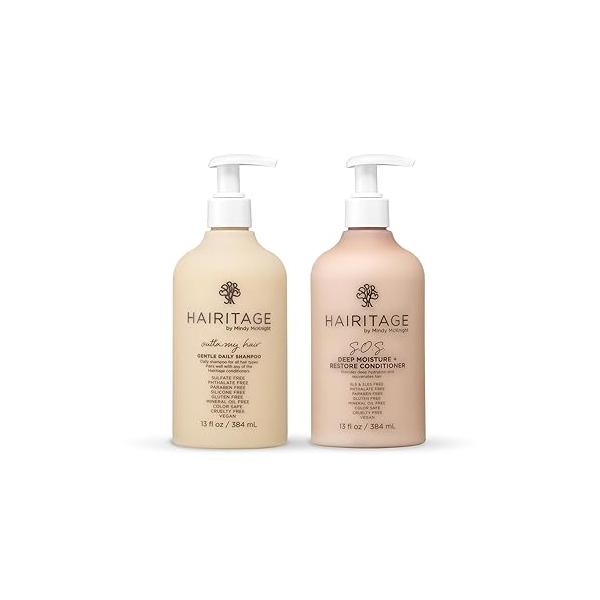 Hairitage Gentle Daily Moisture Shampoo and Conditioner Set - Split End + Bond Strengthening for Dry, Damaged Hair with Jojoba Oil Anti-Frizz Color Safe Cherry Amber Scent (13oz. 2-pack)