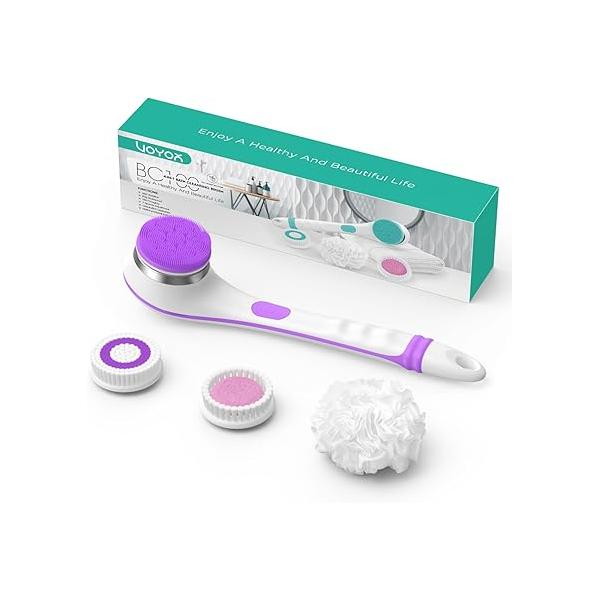 VOYOR Electric Body Brush Back Scrubber for Shower Rechargeable Exfoliating Bath Powered with Non-Slip Long Handle Deep Cleansing, Exfoliation, Massaging Spin BC100 (Gery)