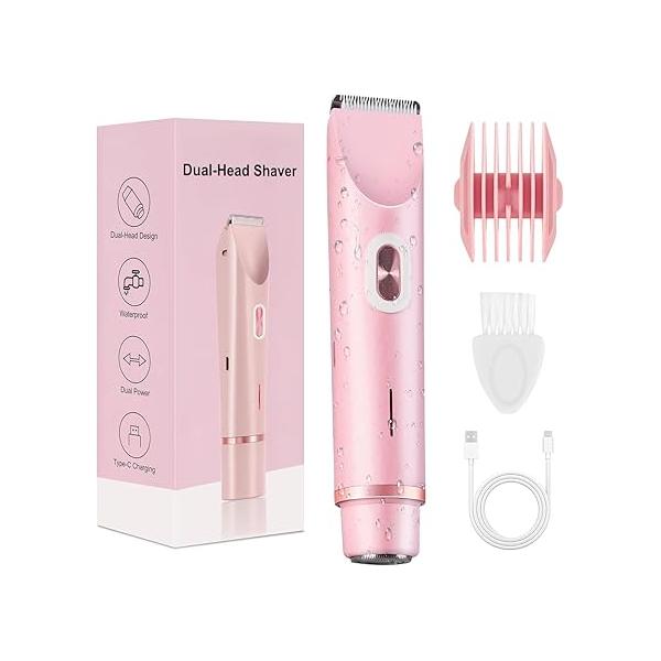 Dermave Bikini Shaver,Bikini Trimmer for Women, Glow Aura Electric Razor 2-in-1 Women's Body Shaver Dual Head Leg Arm Grooming Tool (Pink)