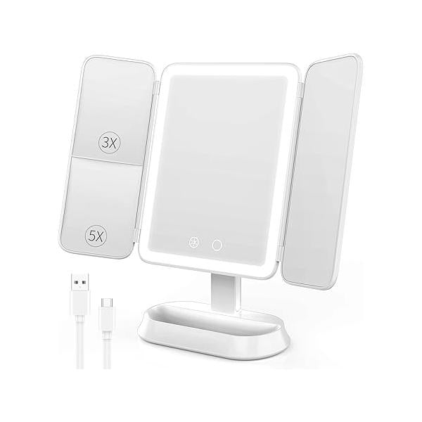 Vanity Mirror with Lights, Rechargeable Lighted Makeup 1X/3X/5X Magnification, Smart Touch 3 Colors Dimmable, Portable Trifold Light Up for Travel, Gifts Women Girls