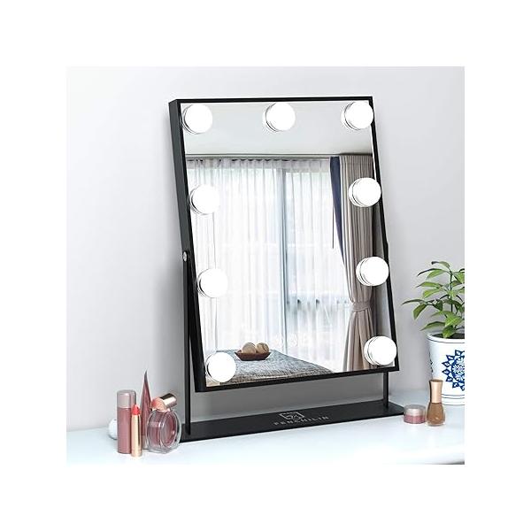 FENCHILIN Hollywood Mirror with Light 12.0W'' * 14.5L'' Lighted Makeup Vanity Smart Touch Control 3 Colors Dimable Detachable 10X Magnification 360°Rotation(Black)