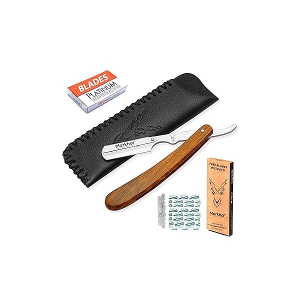 MARKHOR® Straight Razors for Men with Leather Pouch & Replaceable Blades | Premium Quality Rose Wood Barber Razor Blade, Single Blade Razor, Edge Razors, Navajas Para Barbero
