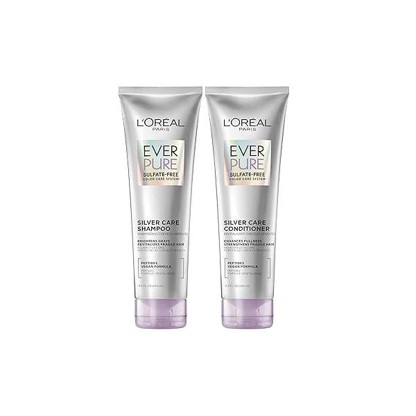 L'Oreal Paris EverPure Silver Care Sulfate Free Shampoo and Conditioner Set, Nourishing Vegan Formula with Peptides for Brightening Gray Hair, 1 Kit