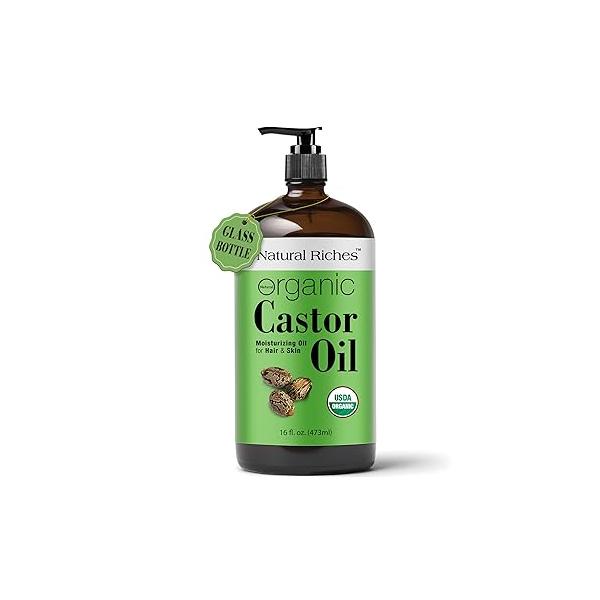 Natural Riches Organic Castor Oil Glass Bottle - USDA Certified, 100% Pure, Unrefined & Cold Pressed - Soothes Dry Skin, Scalp For Hair Growth Thicker Eyelashes, Eyebrows 16 fl oz