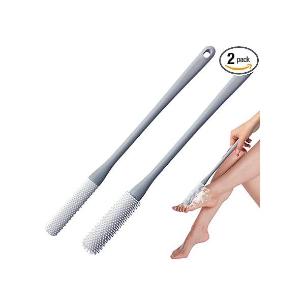 Toe Cleaning Brush 2 Pack, Foot Scrubber in Shower with 15.7" Long Handle, Silicone Soft Skin Exfoliation Lotion Applicator for Foot, Suitable Elderly, Men and Women, Grey