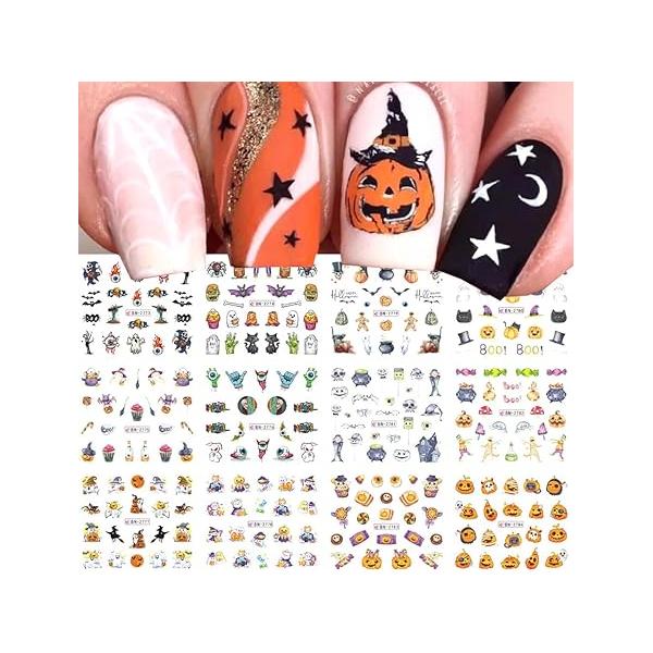 Halloween Nail Art Sticker Decals Skull Pumpkin Water Transfer Sliders Foil Design Fall Supplies 12pcs