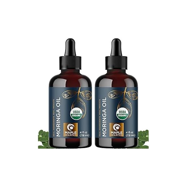 Organic Moringa Oil for Hair and Skin - Cold Pressed Virgin Unrefined Natural Pure USDA Dry Damaged Ultra Hydrating Face Carrier Essential Oils (2 Pack)