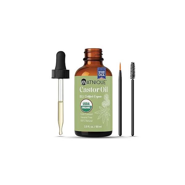 Castor Oil USDA Certified Organic, 100% Pure Cold Pressed Unrefined Hair Growth for Eyelashes & Eyebrows. Natural Skin Moisturizer, Treatment Kit (2 oz)