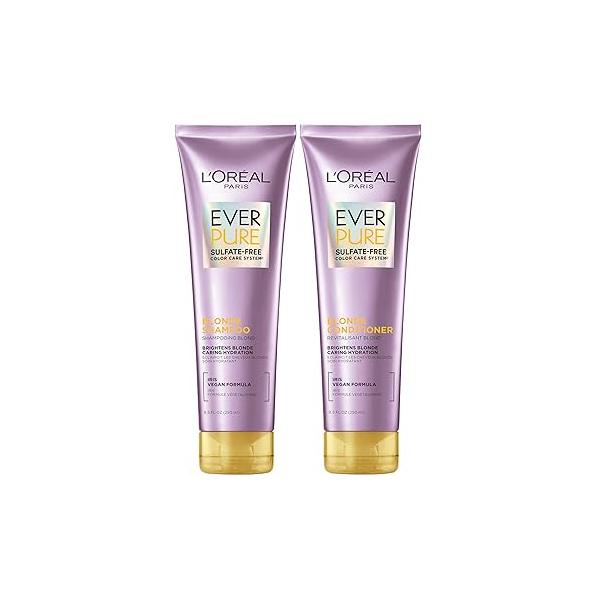 L'Oreal Paris Blonde Sulfate Free Shampoo and Conditioner for Color-Treated Hair, Neutralizes Brass + Balances, EverPure, 8.5 Fl Oz, Set of 2
