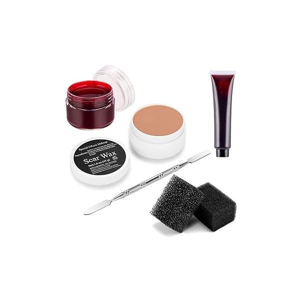 Fake Blood Sfx Makeup Kit Scar Wax(1.6 Oz) with Scab Coagulated Gel, Spatula Tool Cosmetics Mixer,Stipple Sponge, Professional Halloween Wound Skin Wax for Darker Tone
