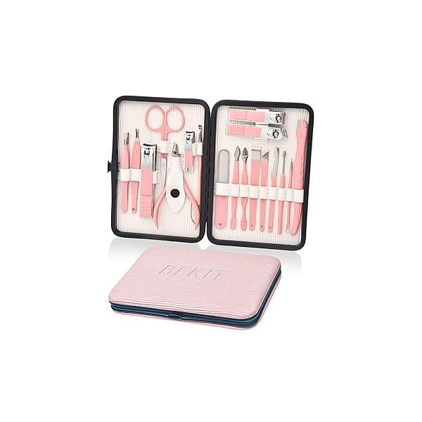 Manicure Set 18 in 1 Stainless Steel Professional Pedicure Kit Nail Scissors Grooming Travel Case B01-Pink
