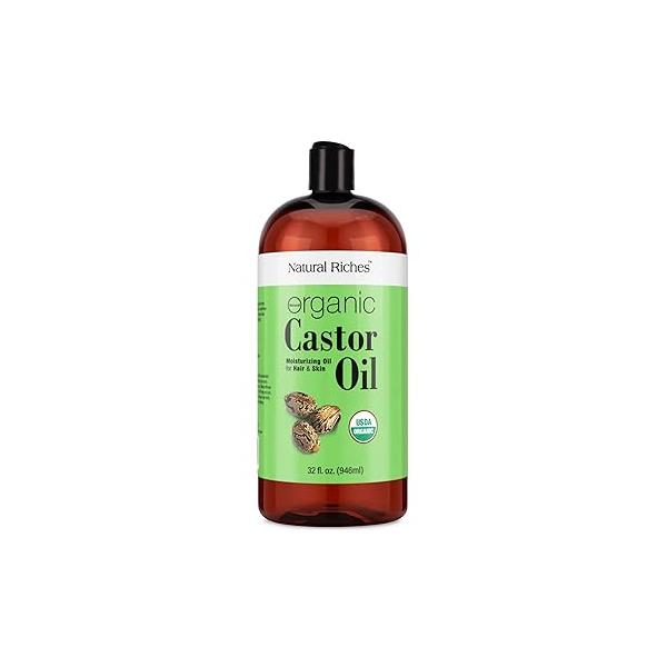 Natural Riches Organic Castor Oil - Cold Pressed, USDA Certified for Dry Skin, Hair Loss, Dandruff, Growth, and Thicker Eyelashes & Eyebrows 32 fl. oz.