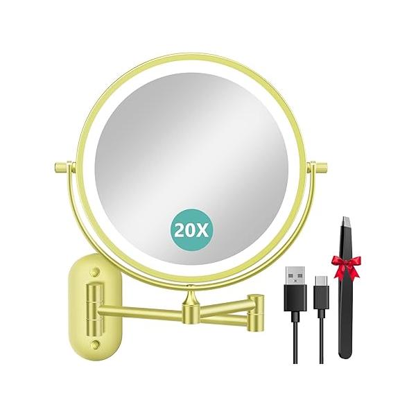 1X/20X Wall Mounted Makeup Mirror with Light, 8" Double-Sided Magnifying Mirror, 3 Color Lights Touch Dimmable Vanity 360ยฐ Extension Rotation Foldable 14.5 Inch Arm, Chrome