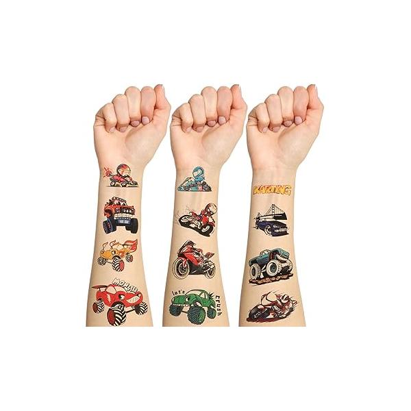 CCINEE 12 Sheets Monster Truck Temporary Tattoos for Kids,93 Pcs Luminous Groovy Racing Car Trophy Wheel Checkered Flag Tattoo Stickers Birthday Party Supplies Classroom Rewards