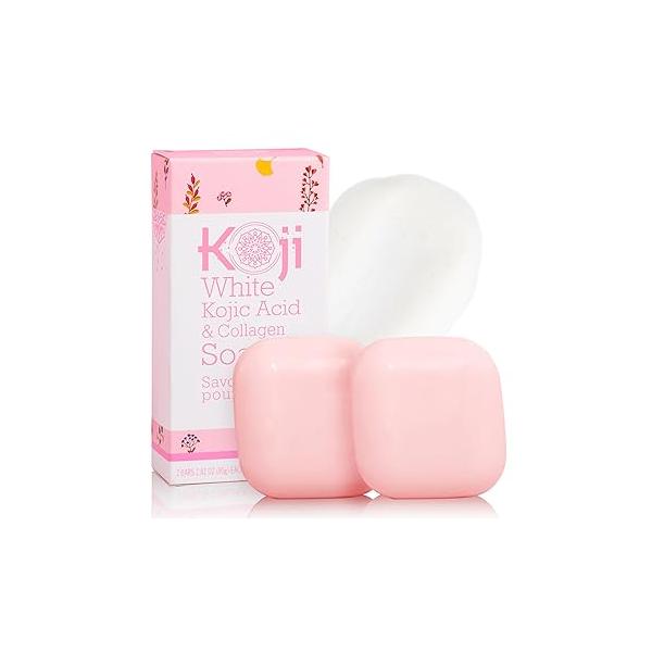 Koji White Kojic Acid & Collagen Skin Brightening Soap for Face Natural Glowing - Moisturizer, Body Cleansing Bar, Reduce the Appearance of Wrinkles, Vegan, Paraben-Free, 2.82 oz (2 Bars)