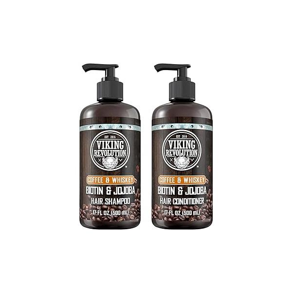 Viking Revolution Coffee Whiskey Mens Shampoo and Conditioner Set with Biotin Jojoba Oil - Natural Hair for Men Vitamin B5- (17Oz)