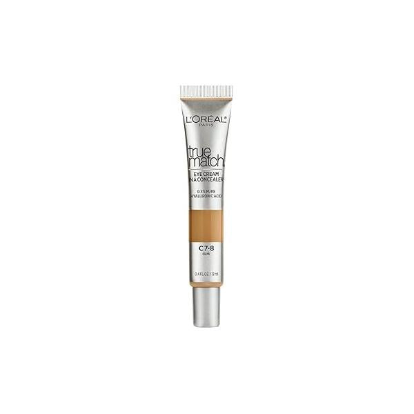 L’Oréal Paris True Match Eye Cream in a Concealer, 0.5% hyaluronic acid, Dark C7-8, 0.4 fl. oz.