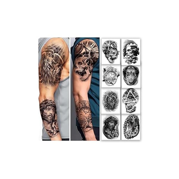 Roarhowl Temporary tattoo women men temporary tattoos Black Gray Large Jesus angel 3D realism Easter Tattoo Sleeves10 Sheets
