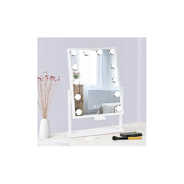 Lighted Makeup Mirror Hollywood Vanity with Lights, Touch Control Design 3 Colors Dimable LED Bulbs, Detachable 10X Magnification, 360°Rotation, (White) 12" L x 14" W
