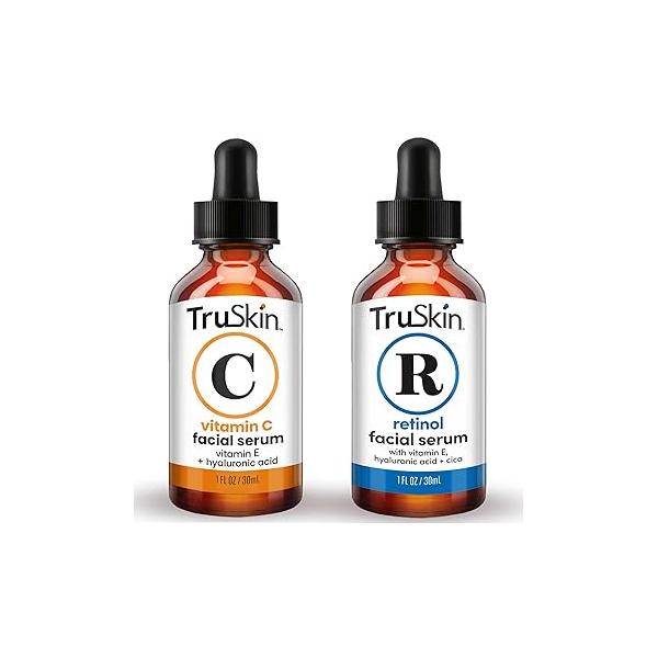 TruSkin Face Serum Duo - Vitamin C & Retinol for Anti-Aging Skin Care Gift Set Women Helps Improve Appearance of Fine Lines Wrinkles Smoother Looking Skin, 1 Fl Oz, 2 Bottles