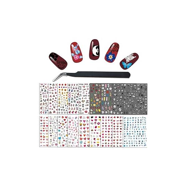 24 Sheets Nail Art Stickers Valentine's Day Sticker Decals for Women and Little Girls, Panda Colorful Cartoon Fire Sun Flower Heart Decoration